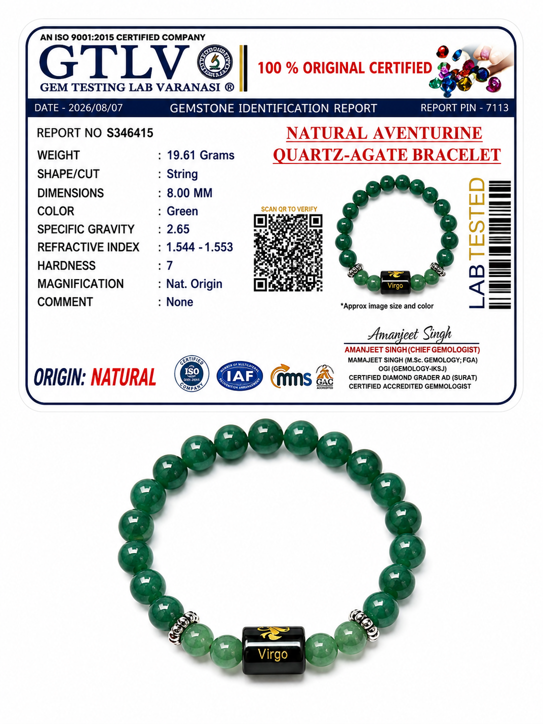 Natural Aventurine Quartz Zodiac Bracelet - कन्या राशि (Virgo)
