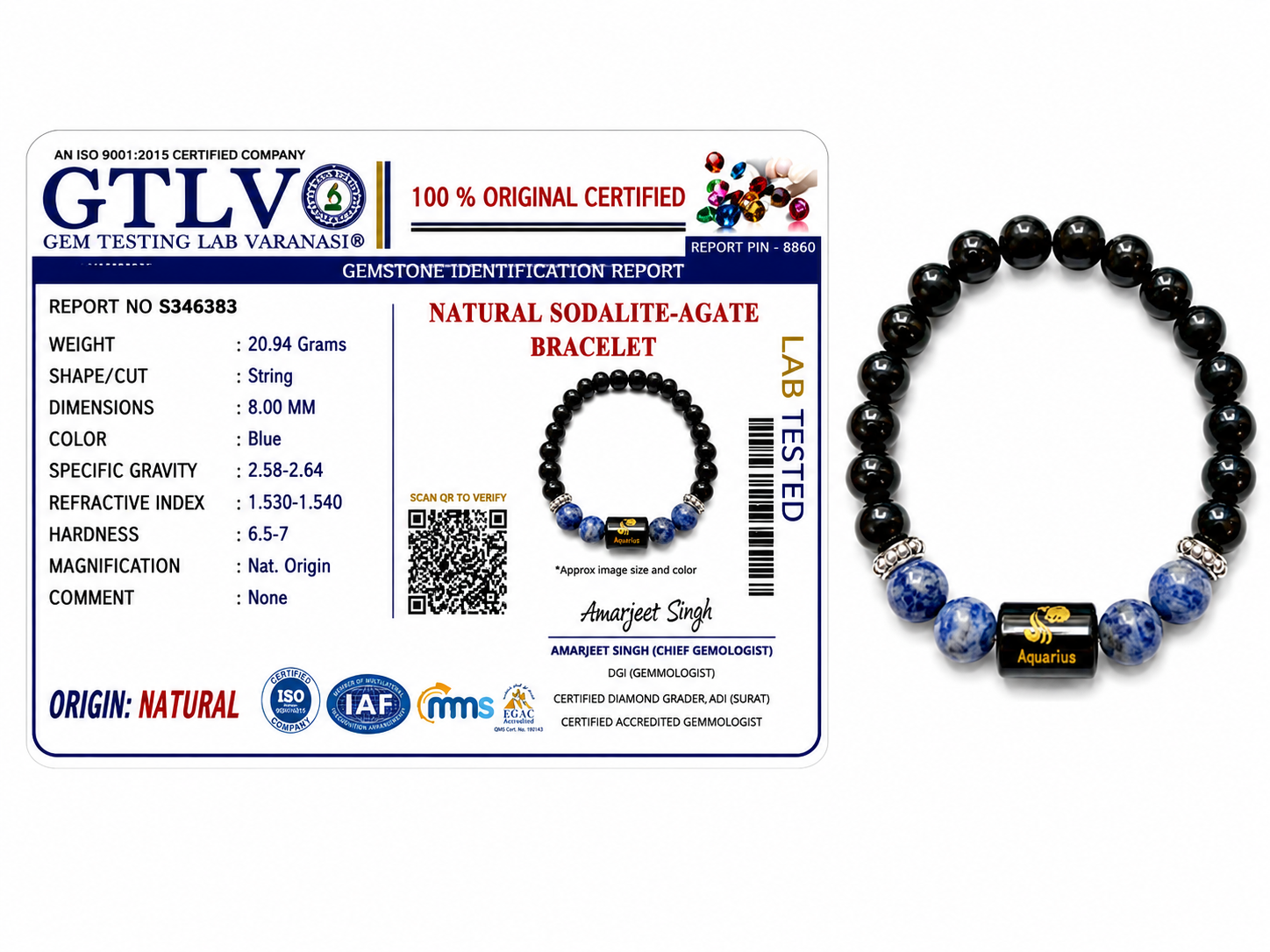 Natural Sodalite Zodiac Bracelet - कुंभ राशि (Aquarius)