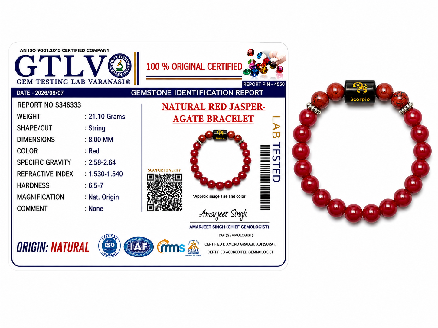 Natural Red Jasper Zodiac Bracelet - वृश्चिक राशि (Scorpio)