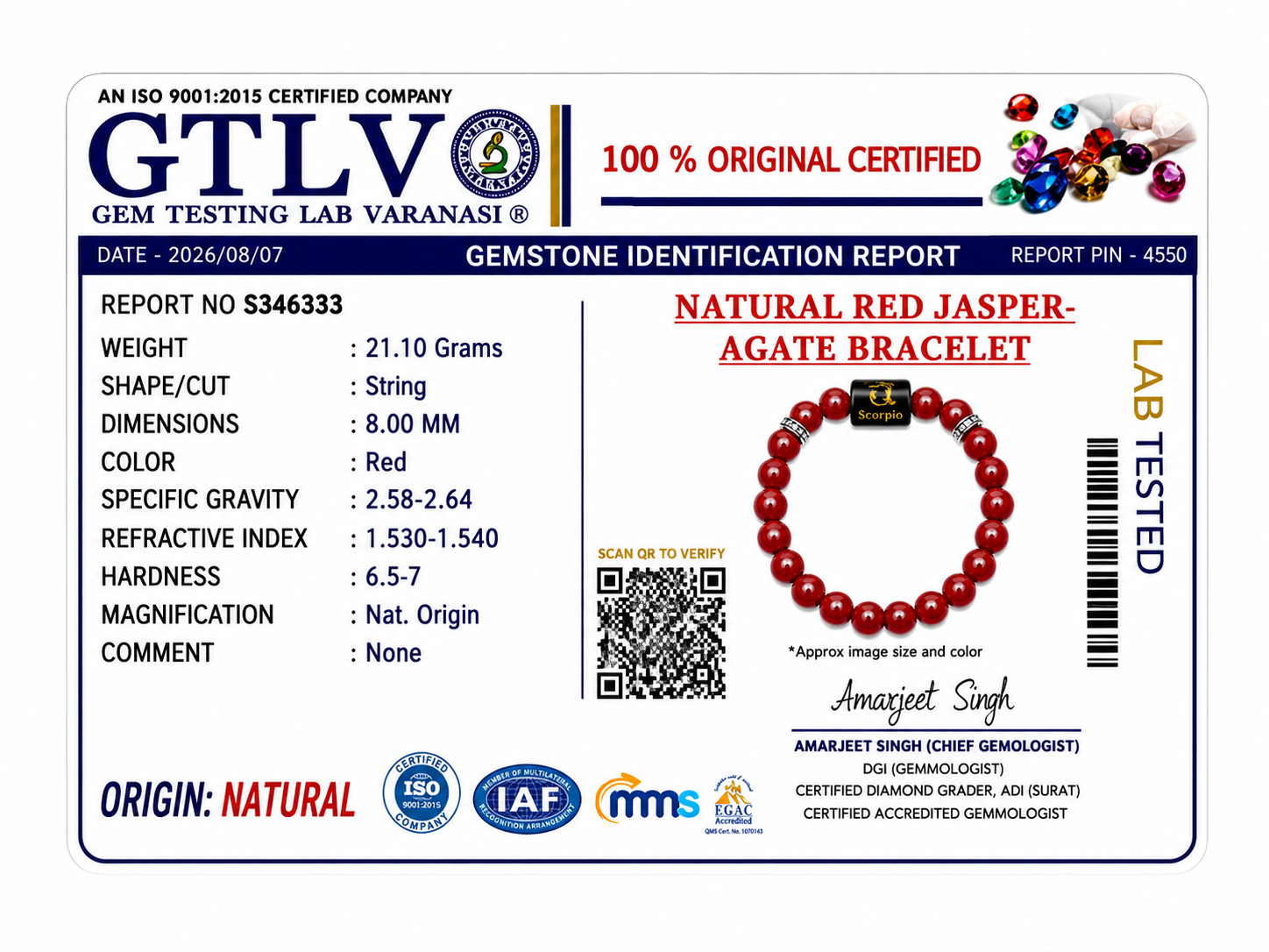 Natural Red Jasper Zodiac Bracelet - वृश्चिक राशि (Scorpio)
