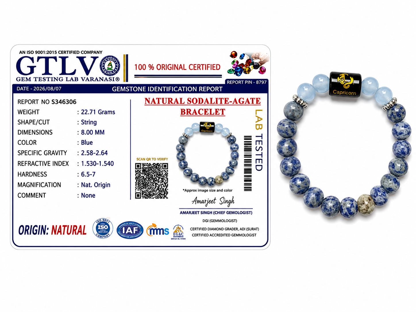 Natural Sodalite Zodiac Bracelet - मकर राशि (Capricorn)
