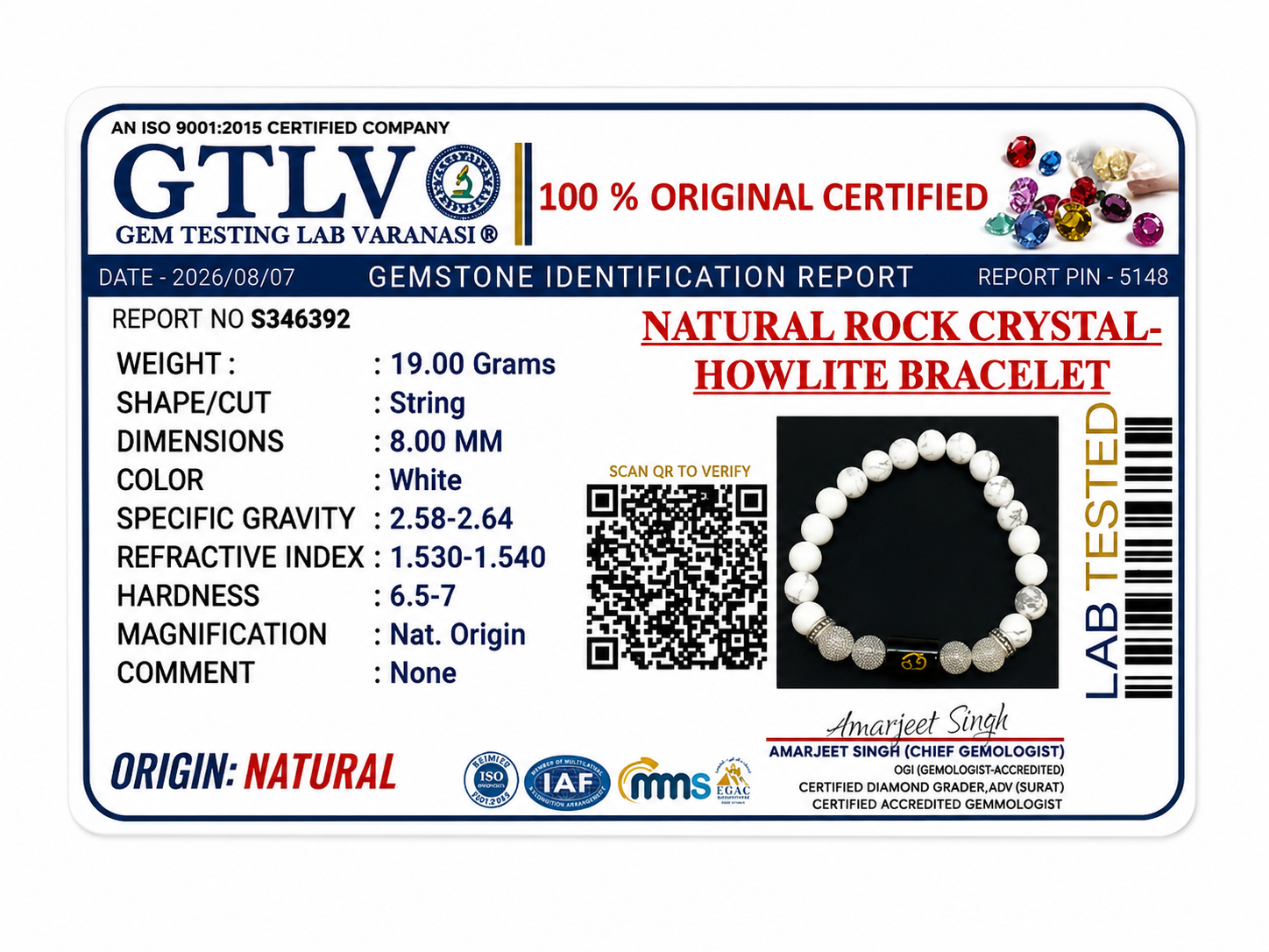 Natural Rock Crystal Howlite Zodiac Bracelet - कर्क राशि (Cancer)