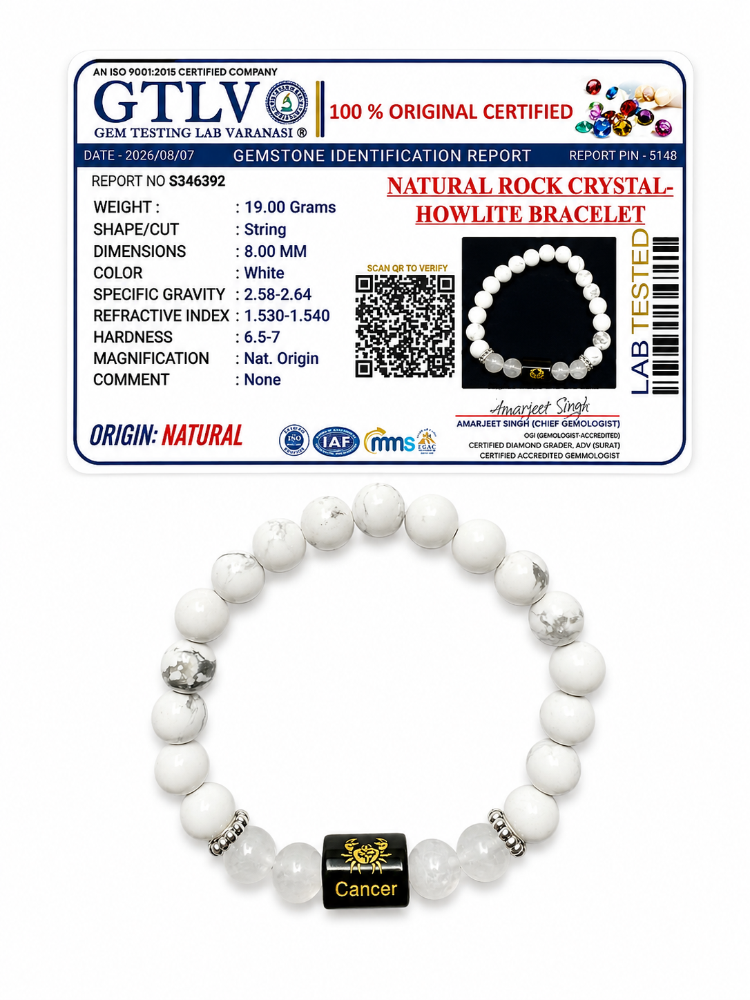 Natural Rock Crystal Howlite Zodiac Bracelet - कर्क राशि (Cancer)