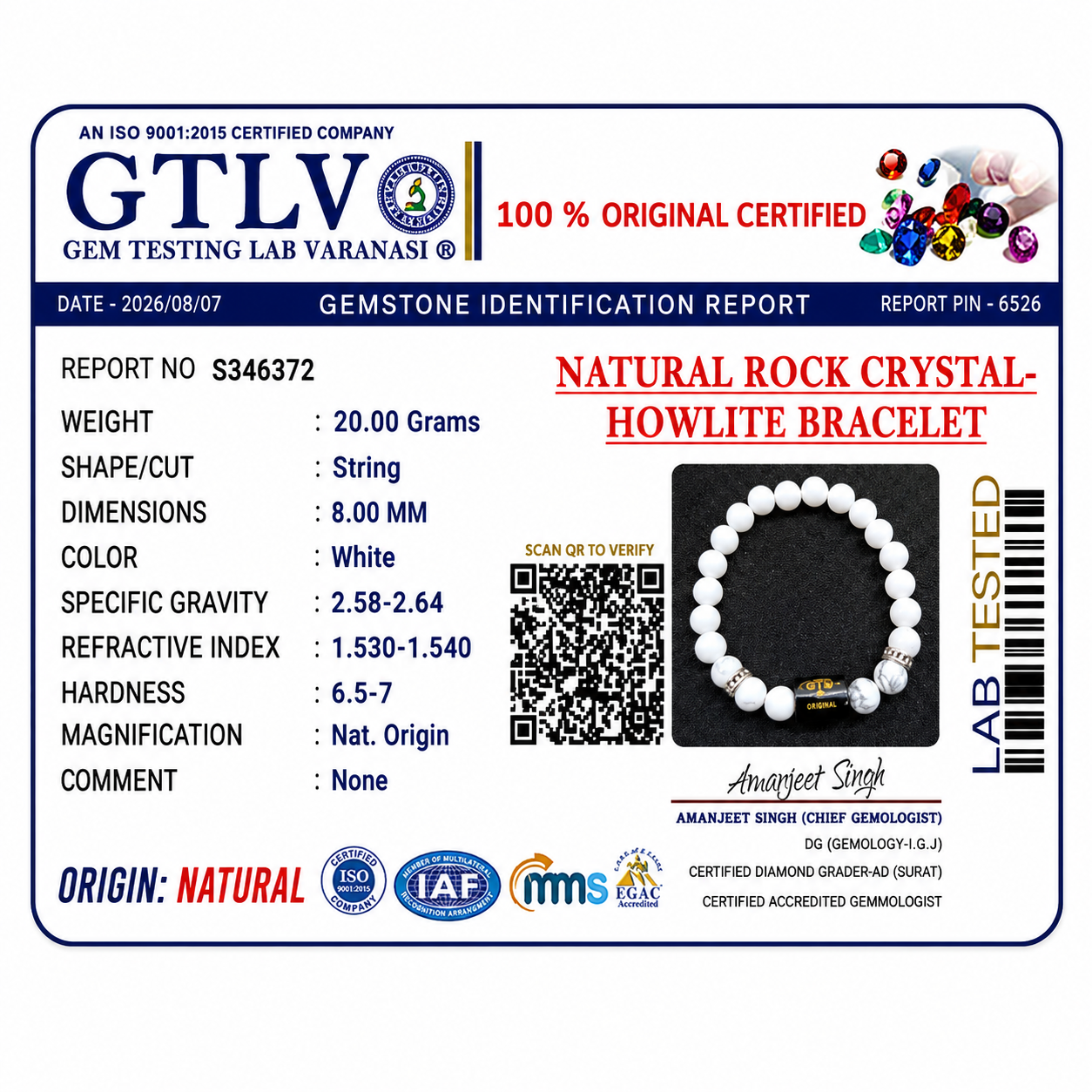 Natural Rock Crystal Howlite Zodiac Bracelet - तुला राशि (Libra)
