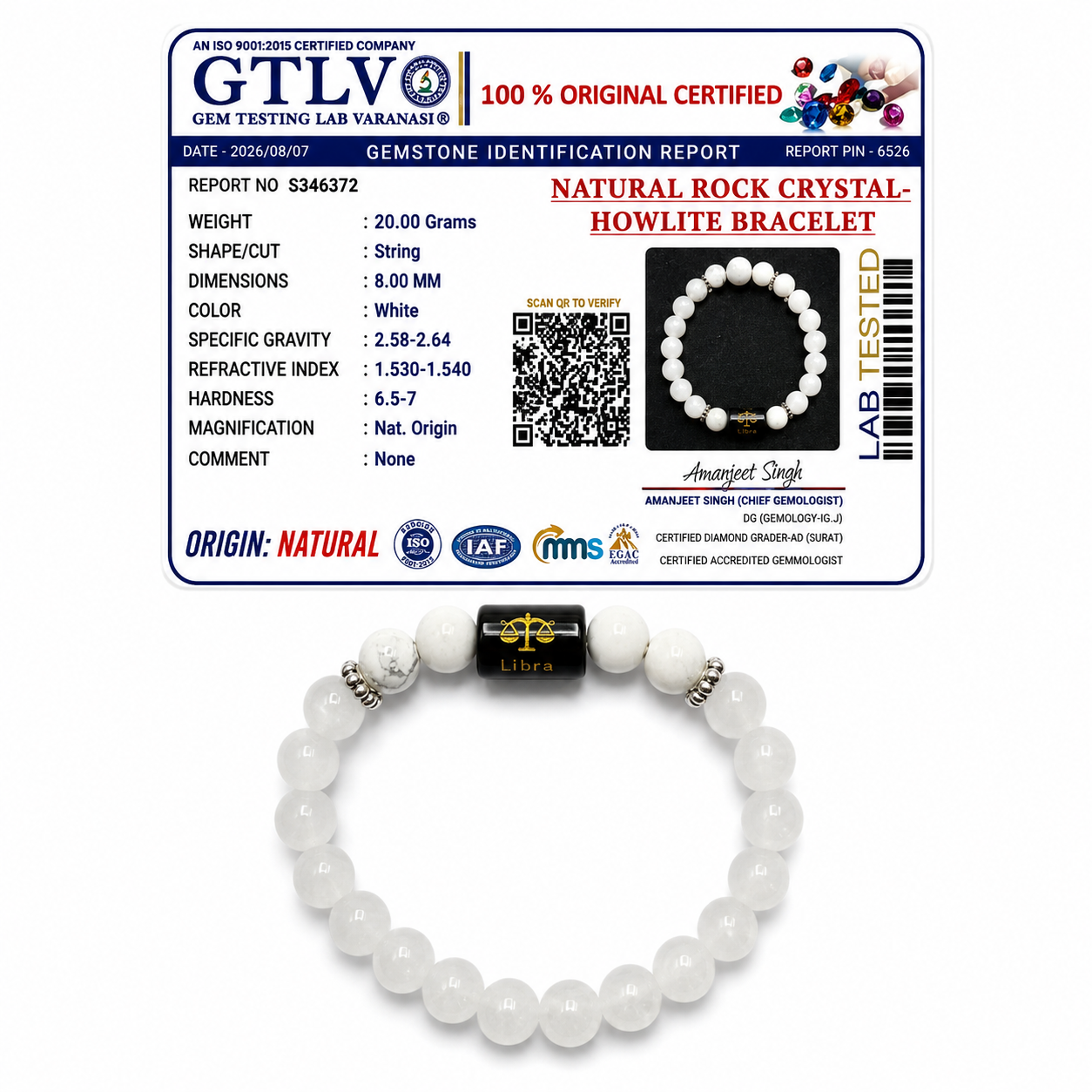 Natural Rock Crystal Howlite Zodiac Bracelet - तुला राशि (Libra)