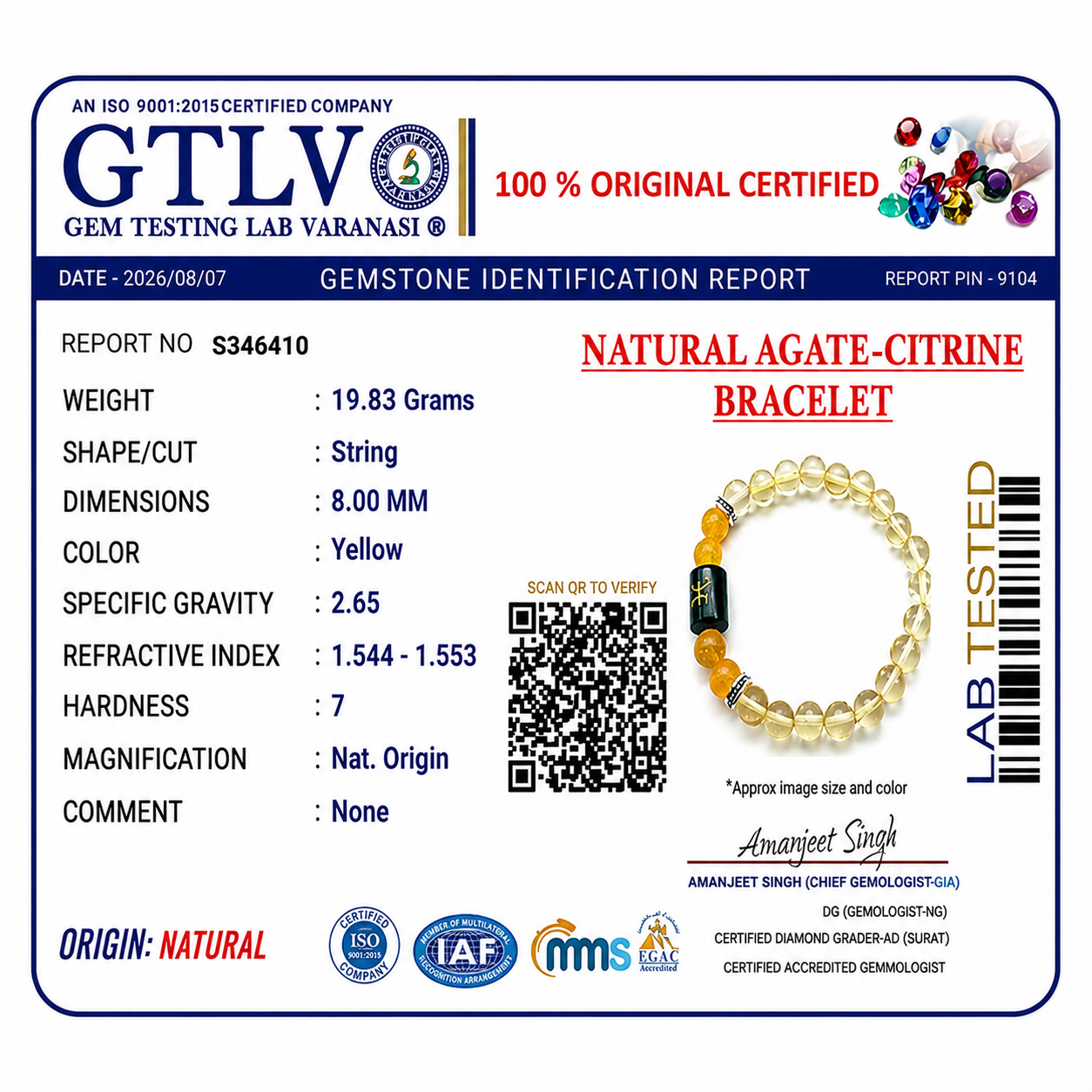 Natural Agate Citrine Zodiac Bracelet - मीन राशि (Pisces)