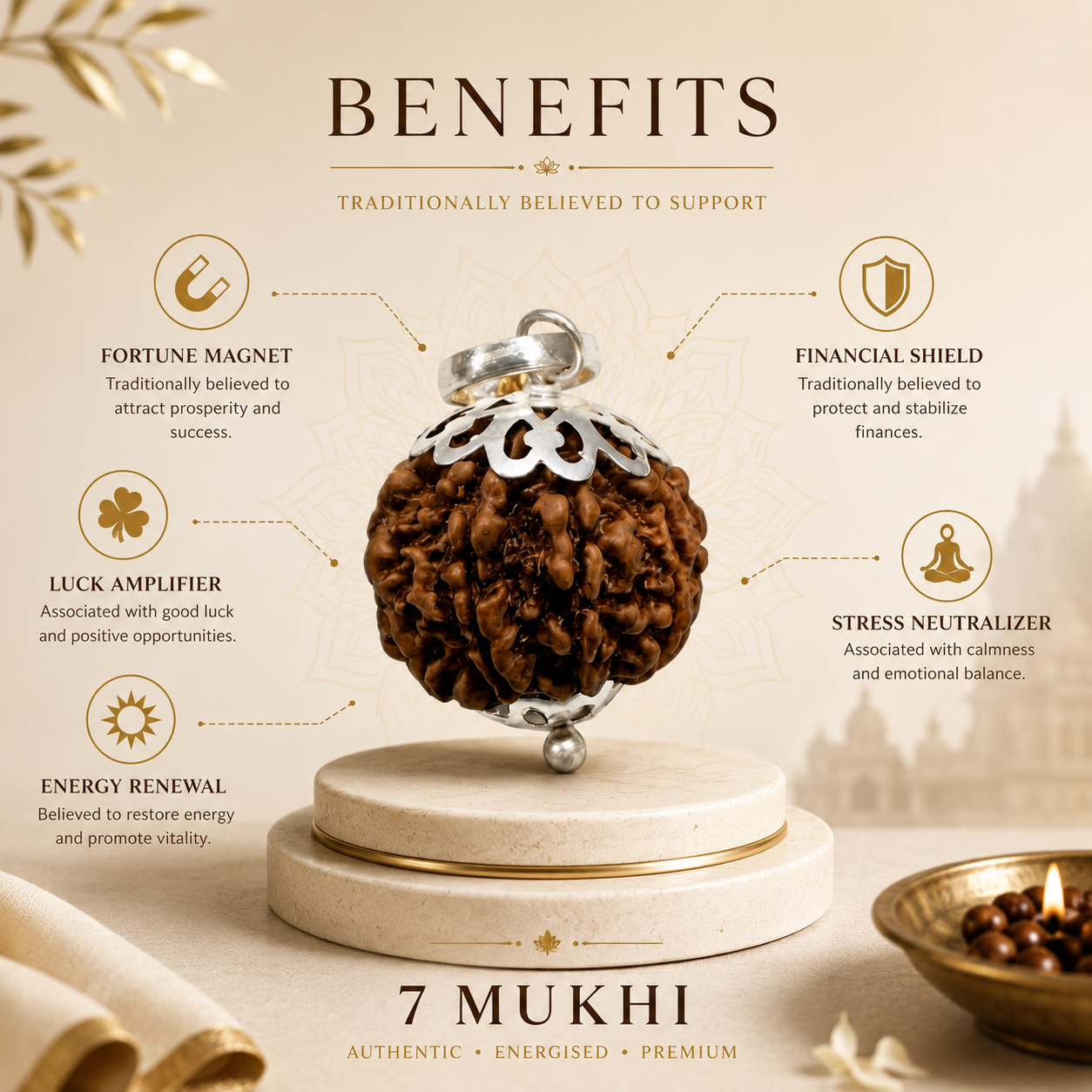 Nepali 7 Mukhi Rudraksha Pendant with Silver Cap & Golden Chain