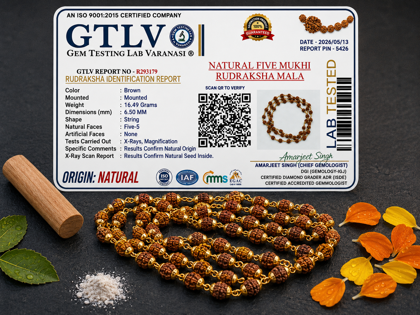 Natural 5 Mukhi Rudraksha Bead Mala with Metal Cap