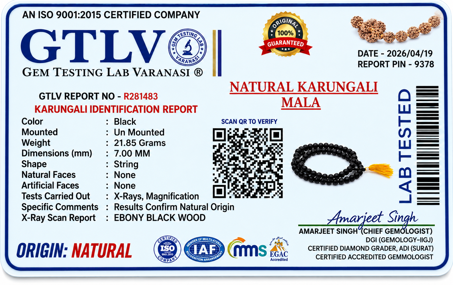 Original Karungali Wood Mala 7MM 108 Beads – Spiritual Meditation Mala for Daily Chanting