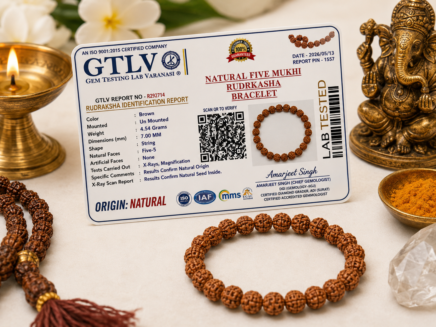 Natural Five Mukhi Rudraksha Bracelet 7MM Elastic Brown
