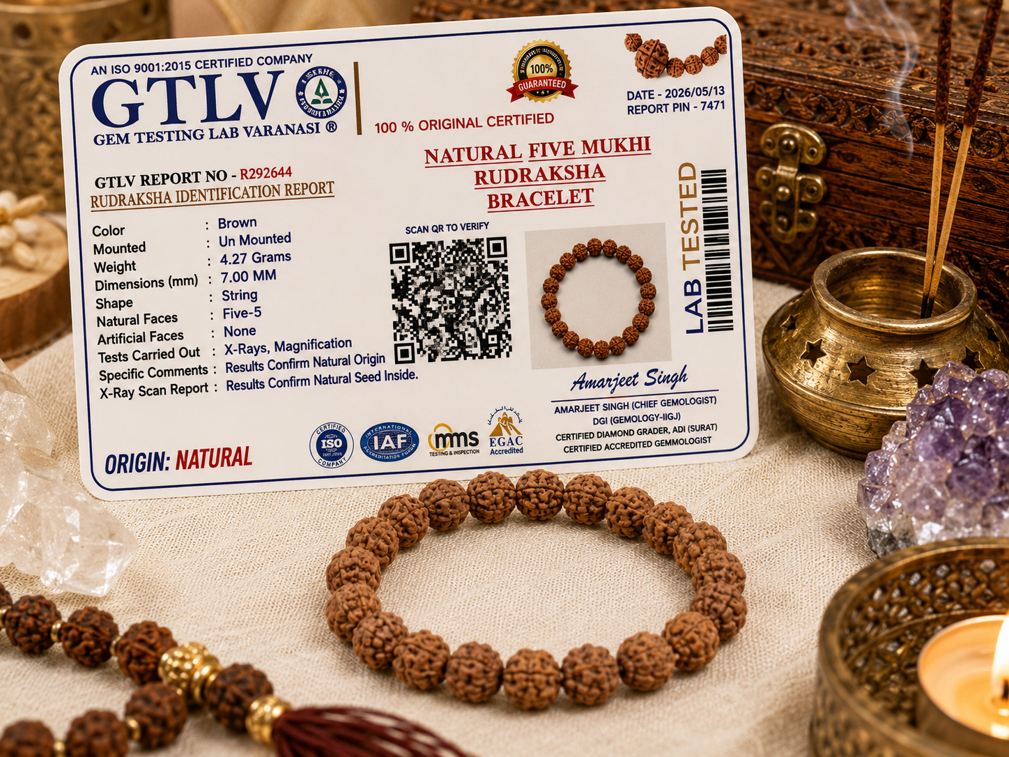 Natural Five Mukhi Rudraksha Bracelet 7MM White Beads