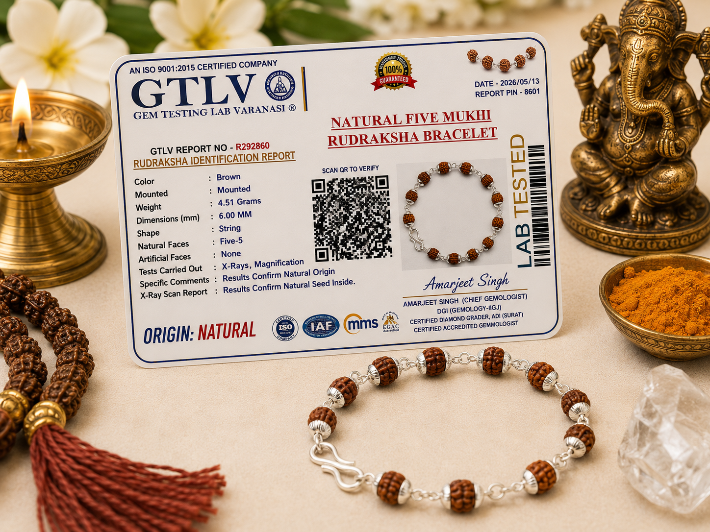 Natural 5 Mukhi Rudraksha Bead Bracelet 6MM