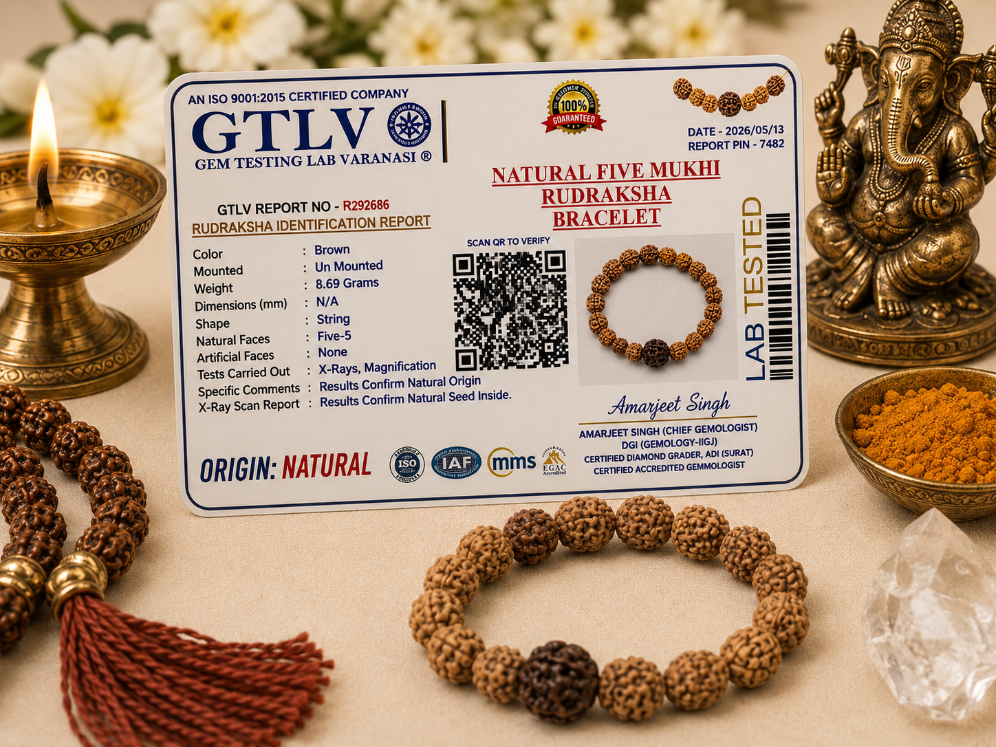 Natural 5 Mukhi Rudraksha Bracelet 8MM with Big Center Bead