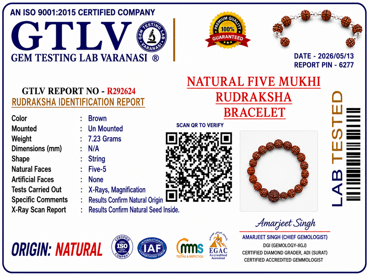 Natural 5 Mukhi Rudraksha Bracelet 8MM with Big Rudraksha Bead