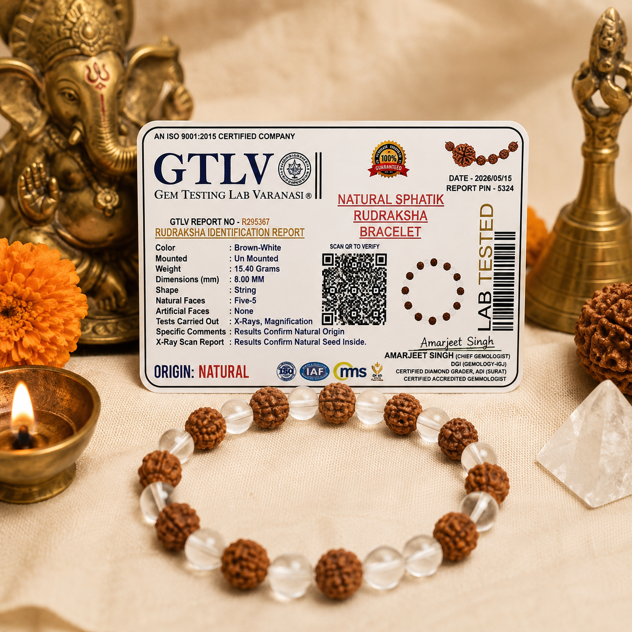 Natural Sphatik and 5 Mukhi Rudraksha Bracelet 8MM