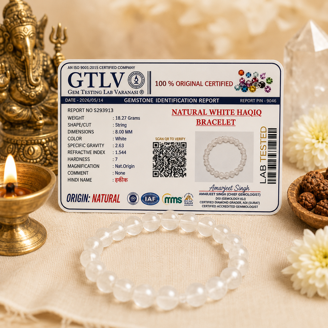 Natural White Haqiq Bracelet 8MM-Elegant Gemstone Beaded Bracelet for Men & Women