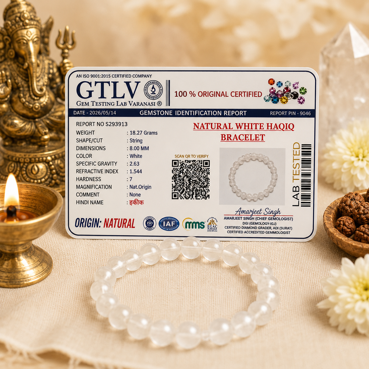 Natural White Haqiq Bracelet 8MM-Elegant Gemstone Beaded Bracelet for Men & Women