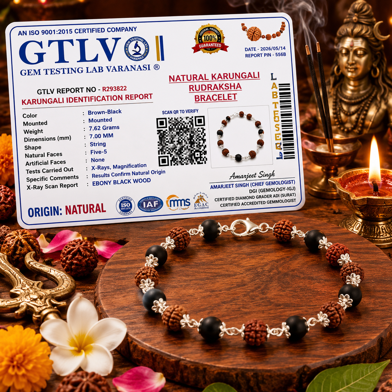 Authentic Karungali Wood and Rudraksha Bracelet with Metal Beads 7MM