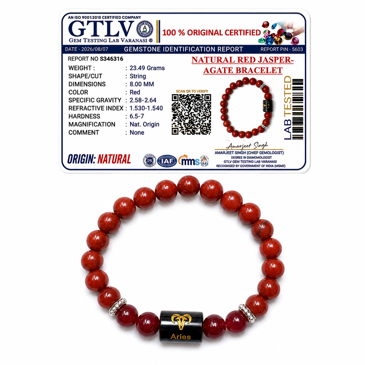 Natural Red Jasper Zodiac Bracelet - मेष राशि (Aries)