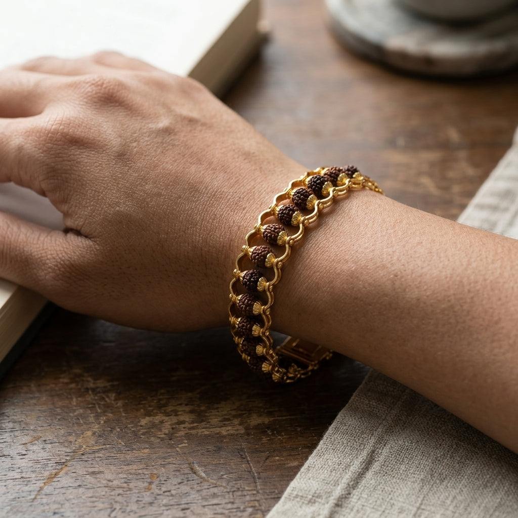 Gold Plated Modern Rudraksha Iron Bracelet for Spiritual Energy & Style