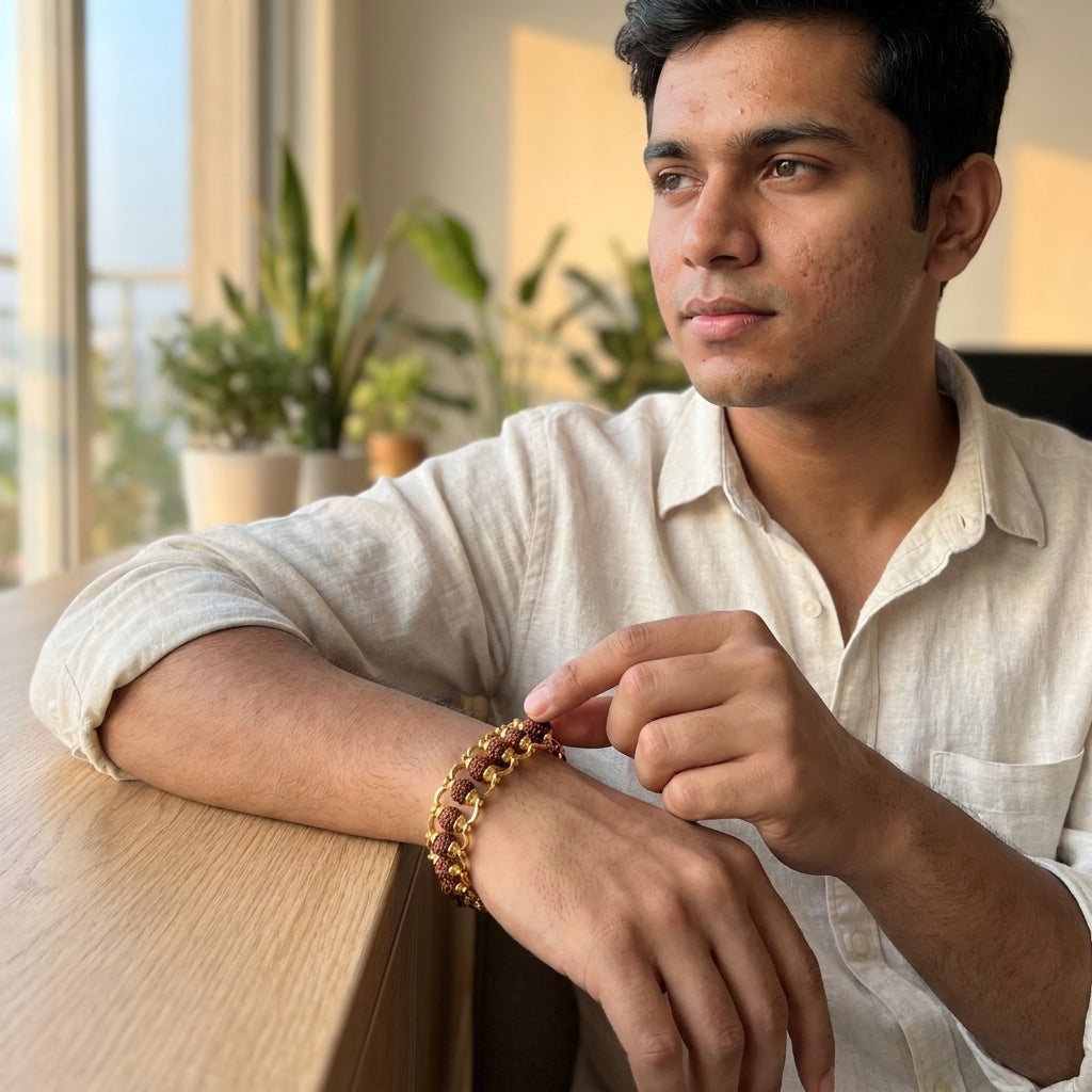 Gold Plated Modern Rudraksha Bracelet in Brass-Spiritual Elegance for Daily Wear