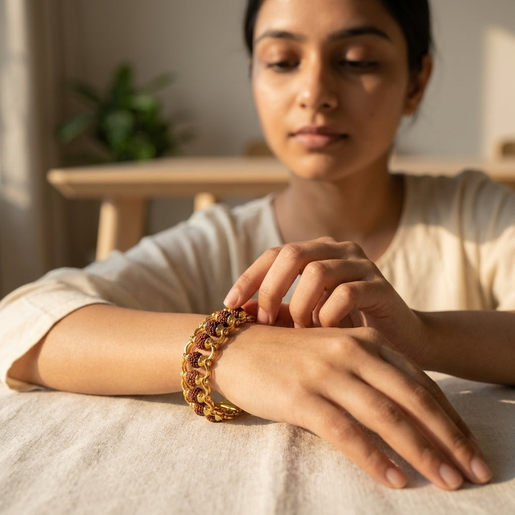 Gold Plated Modern Rudraksha Iron Bracelet for Spiritual Energy & Style