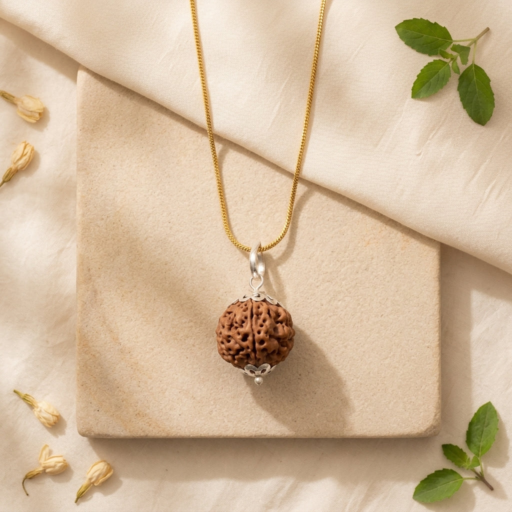 Natural 6 Mukhi Rudraksha with Silver Pendant & Golden Chain