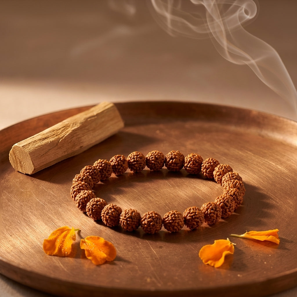 Natural Five Mukhi Rudraksha Bracelet 7MM Elastic Brown