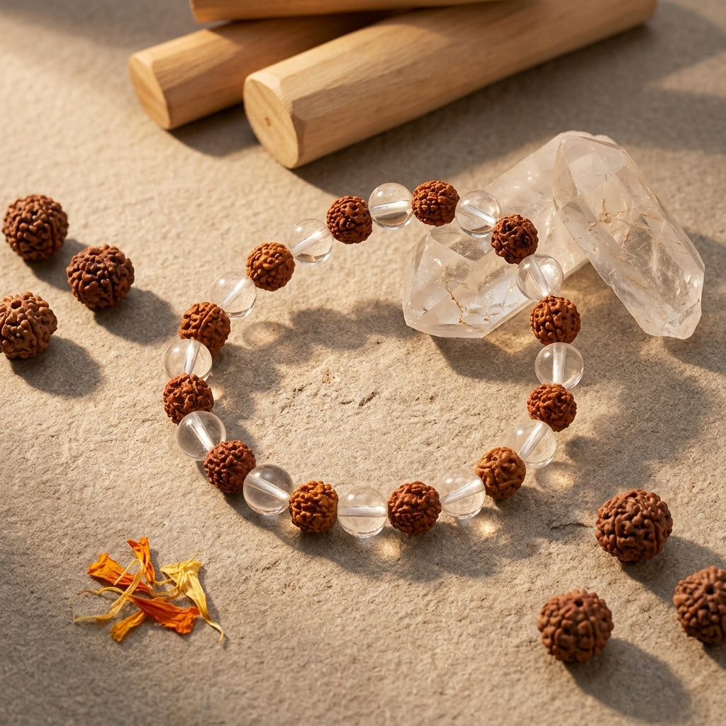Natural Sphatik and 5 Mukhi Rudraksha Bracelet 8MM