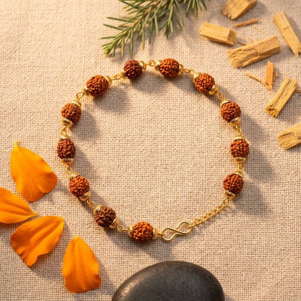 Natural Rudraksha 5 Mukhi Bracelet 8MM Gold Plated