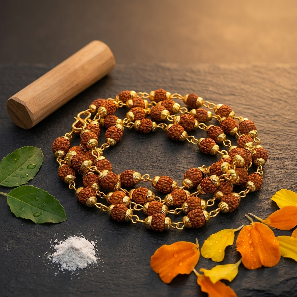 Natural 5 Mukhi Rudraksha Bead Mala with Metal Cap