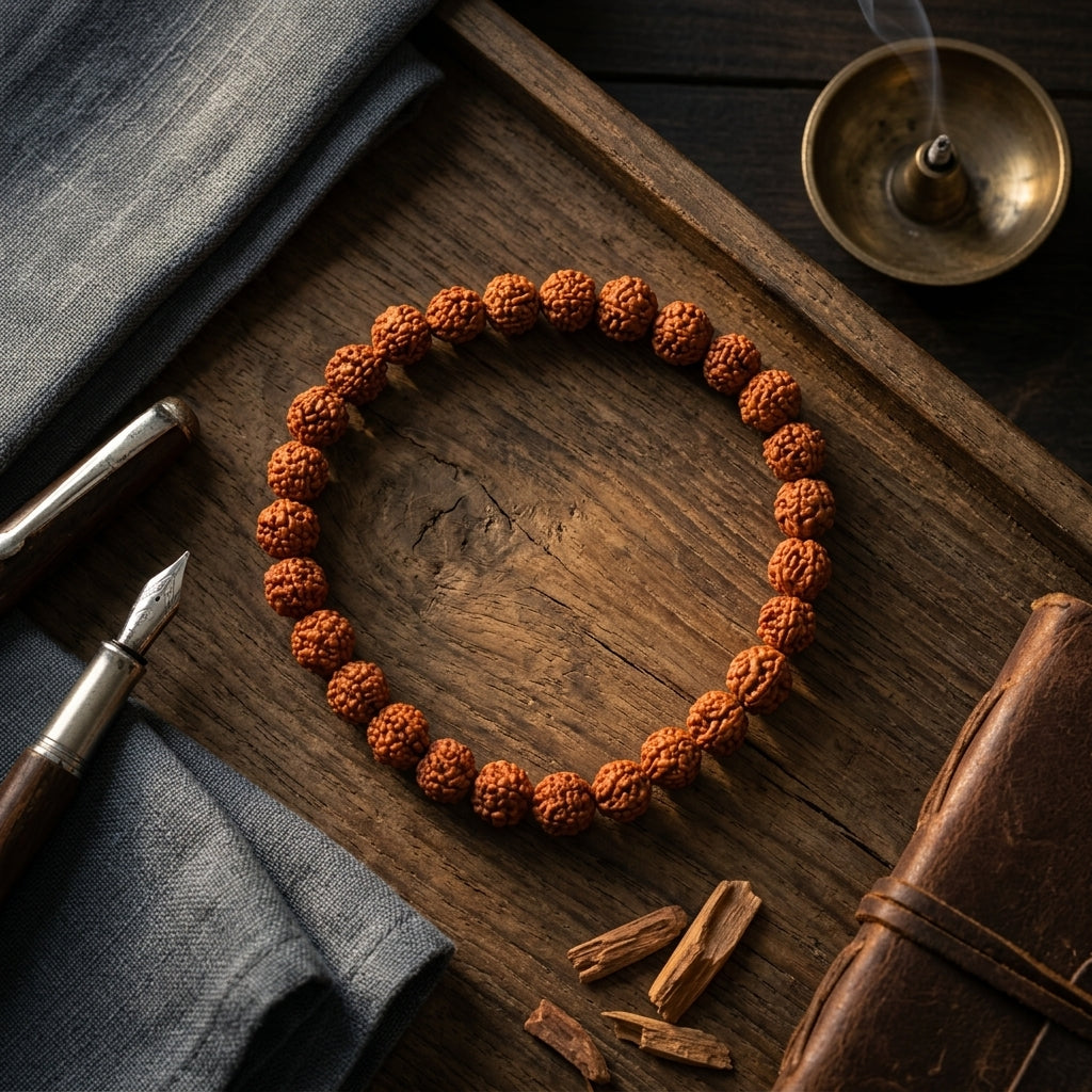 Natural Five Mukhi Rudraksha Bracelet 7MM Elastic Brown