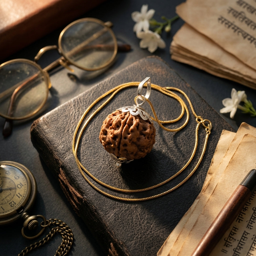 Premium 5 Mukhi Rudraksha Pendant in Silver with Golden Chain