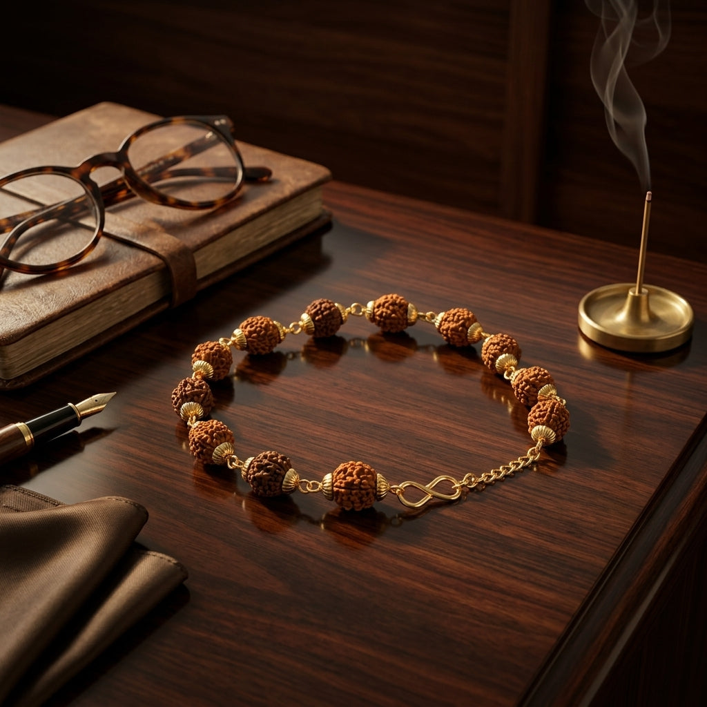 Natural Rudraksha 5 Mukhi Bracelet 8MM Gold Plated
