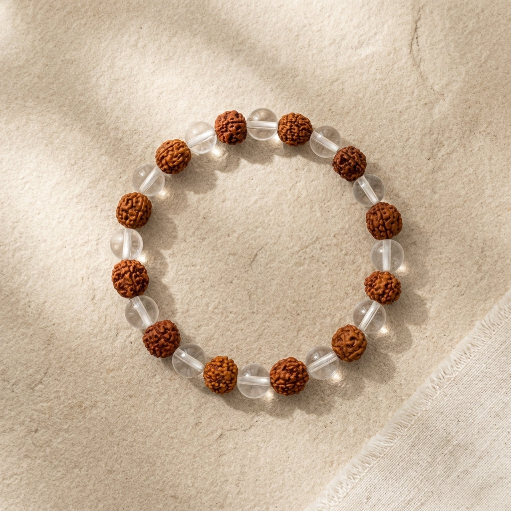 Natural Sphatik and 5 Mukhi Rudraksha Bracelet 8MM