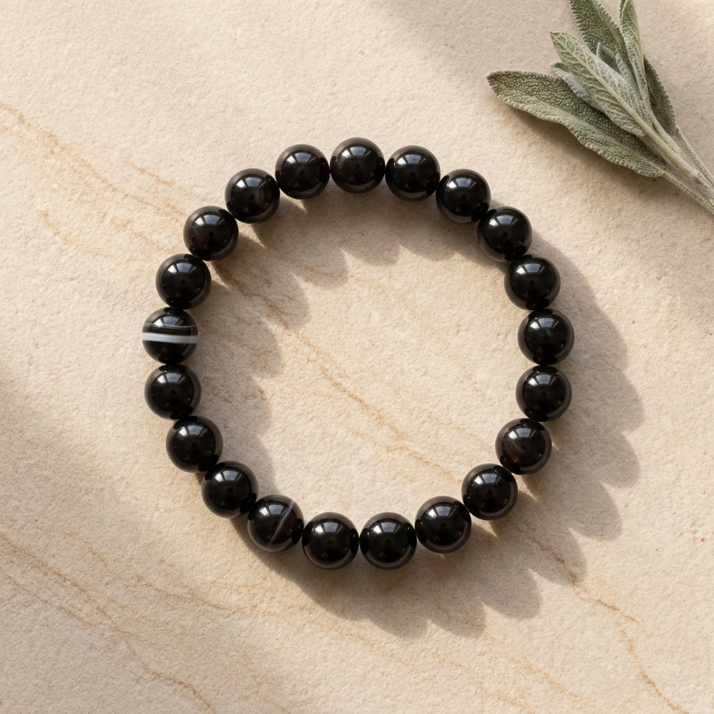 Natural Sulemani Haqiq Bracelet 8MM-Premium Black Agate Stone Beads Bracelet for Men & Women