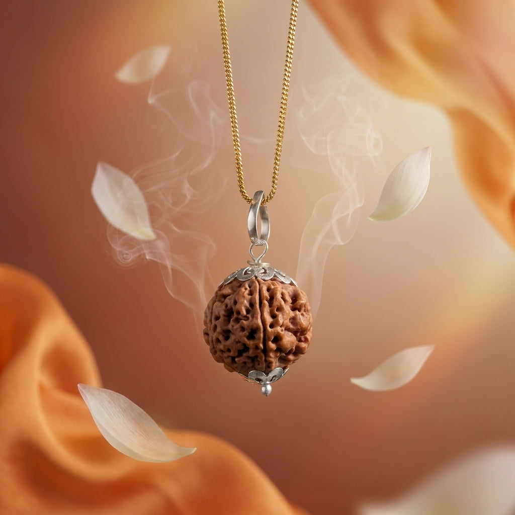 Natural 6 Mukhi Rudraksha with Silver Pendant & Golden Chain