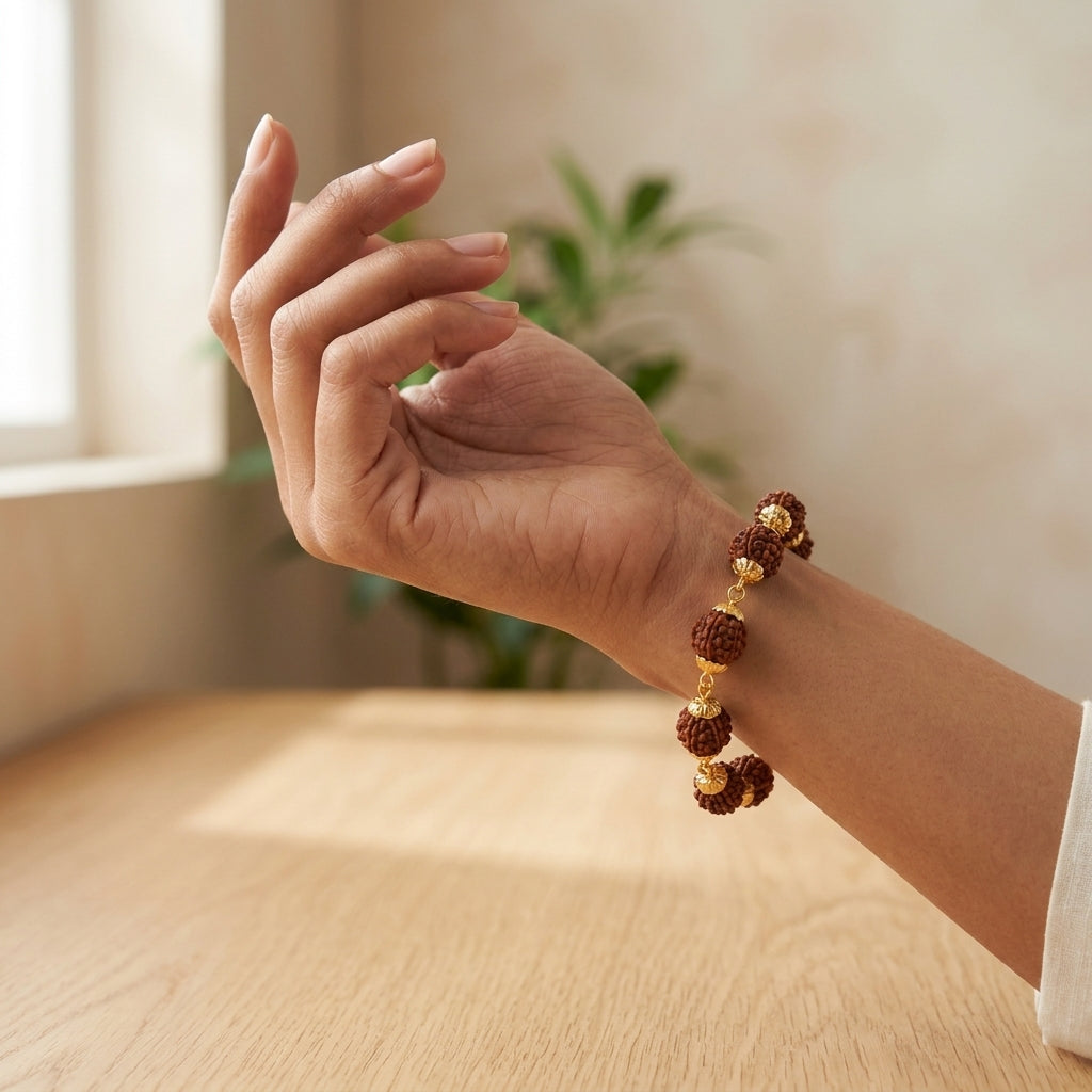 Natural Rudraksha 5 Mukhi Bracelet 8MM Gold Plated