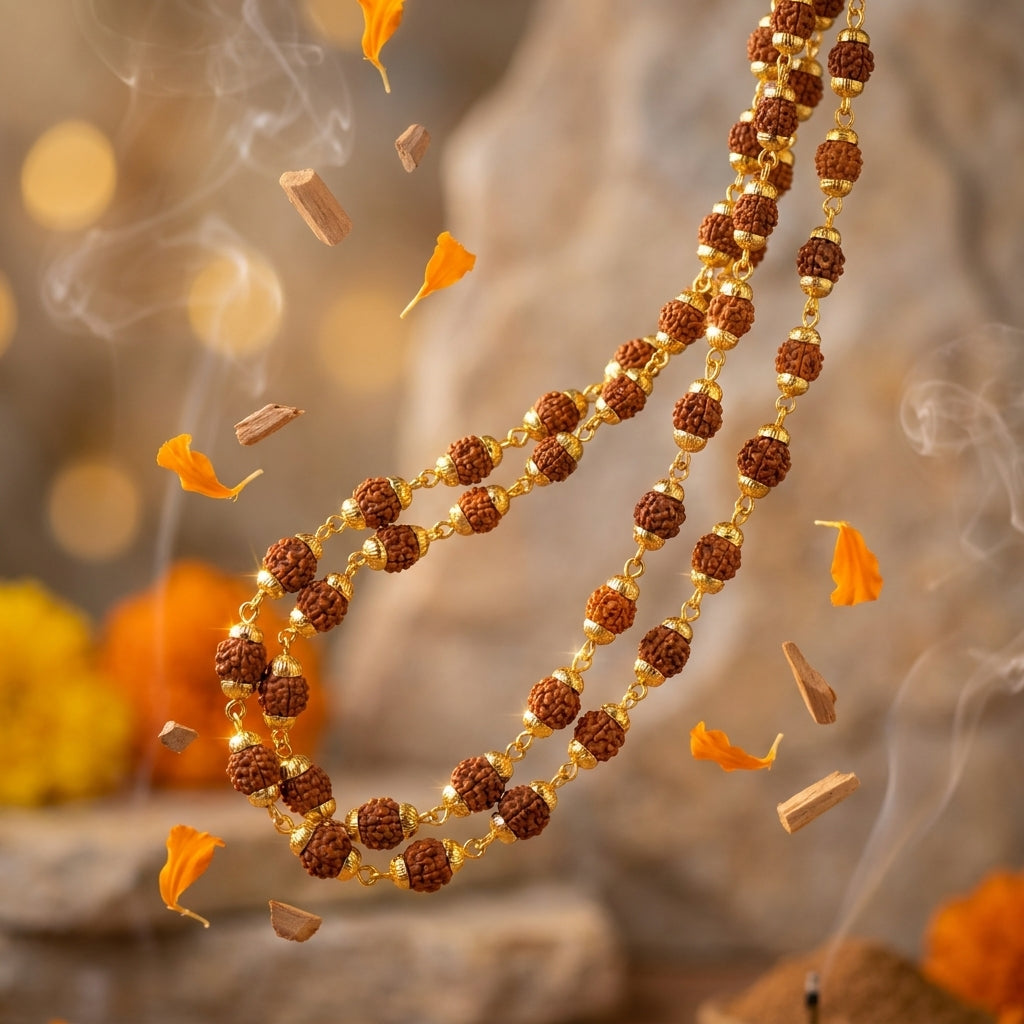 Natural 5 Mukhi Rudraksha Bead Mala with Metal Cap