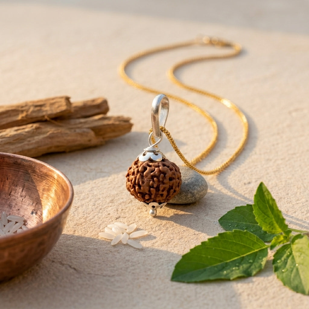 Natural 7 Mukhi Rudraksha Pendant with Silver Cap & Golden Chain