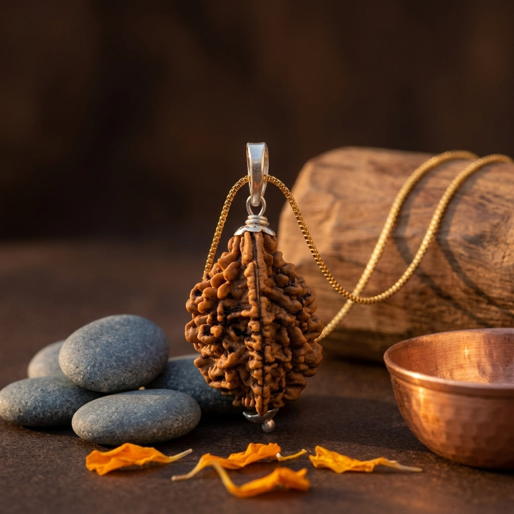 Natural 2 Mukhi Rudraksha with Silver Pendant & Golden Chain