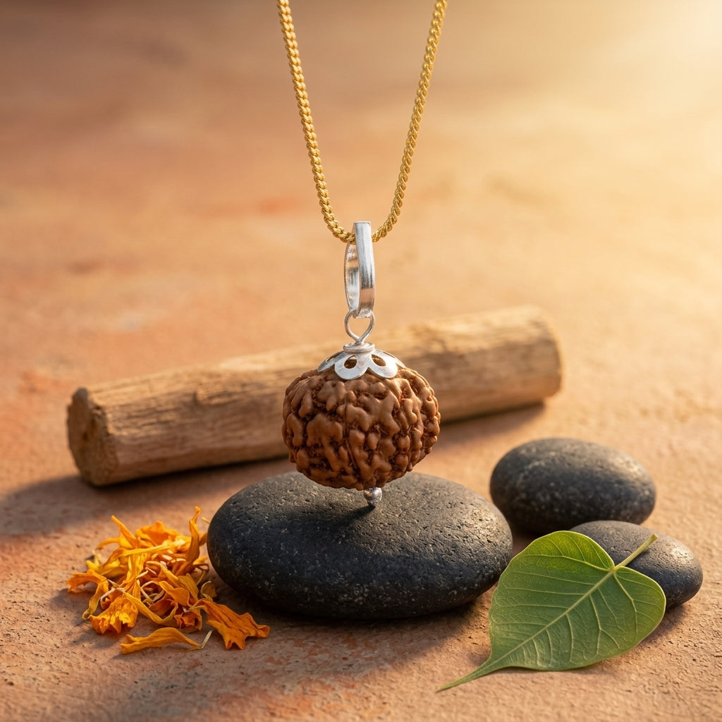 Natural 8 Mukhi Rudraksha with Silver Pendant & Golden Chain