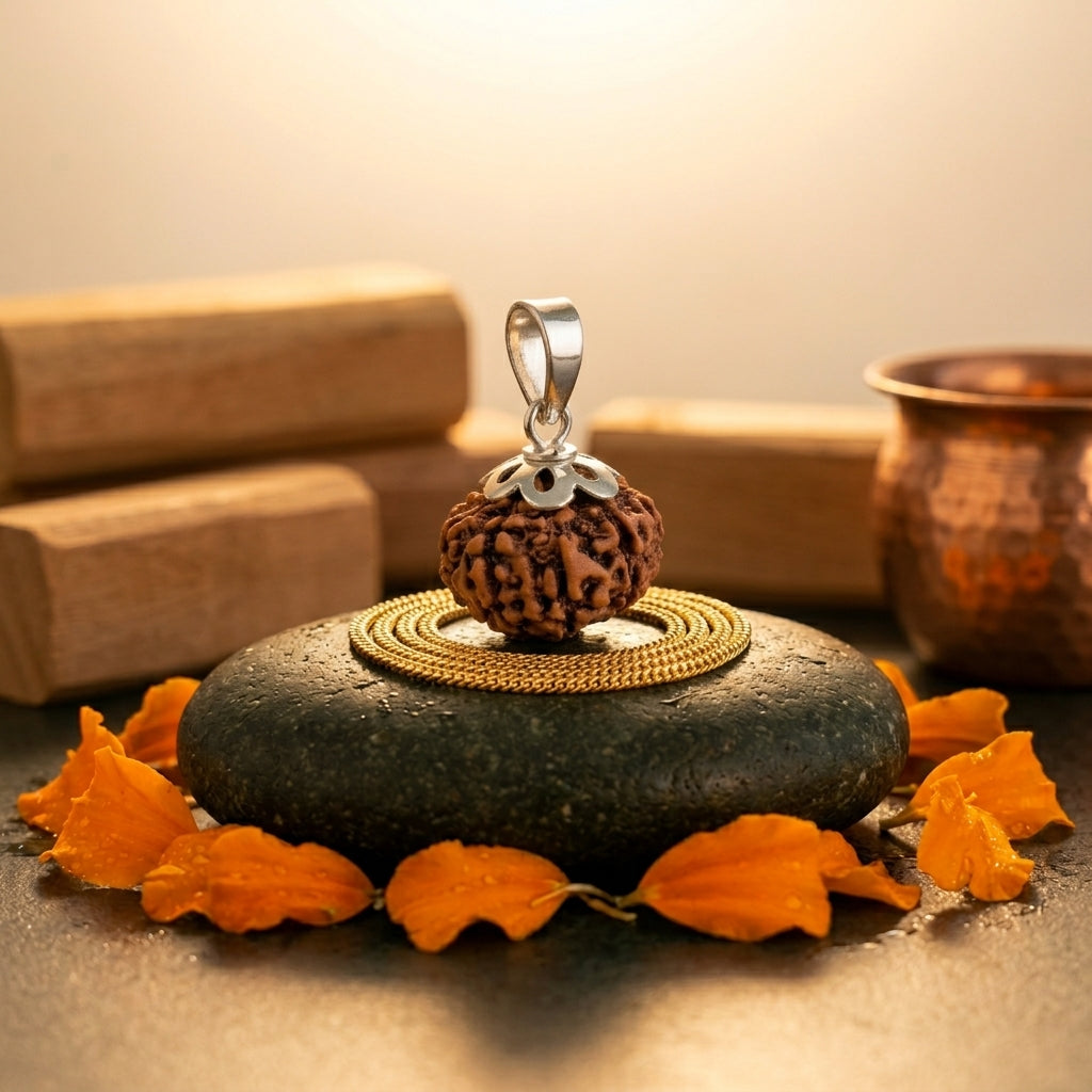Natural 10 Mukhi Rudraksha with Silver Pendant & Golden Chain