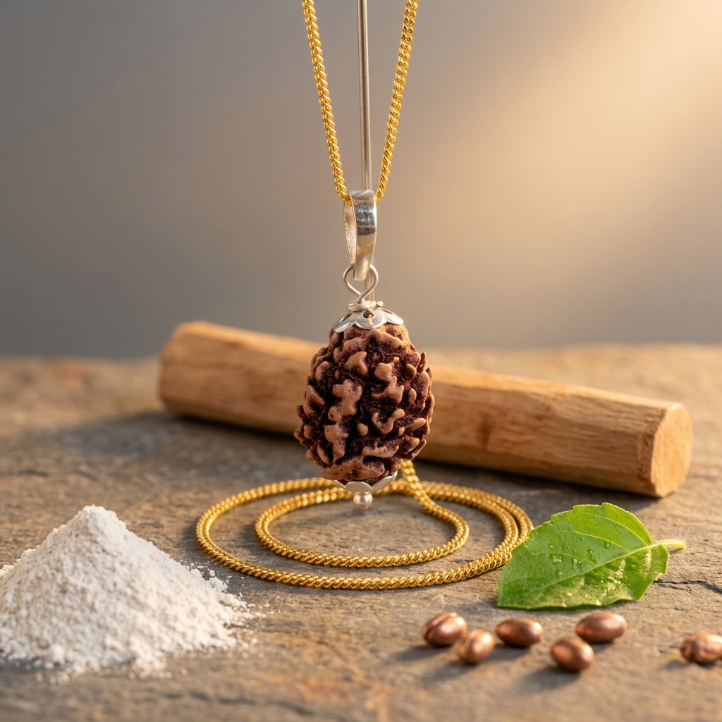 Original 3 Mukhi Rudraksha Pendant in Silver Cap with Golden Chain
