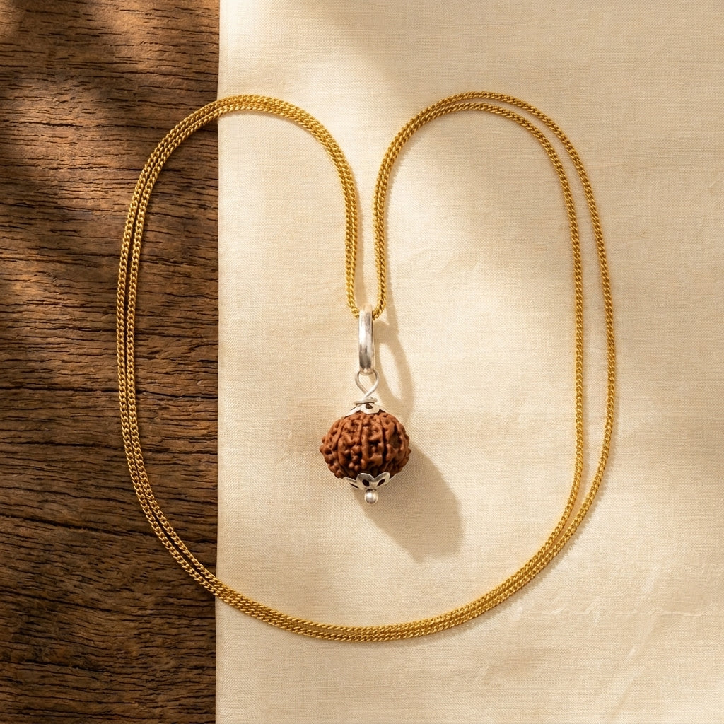 Original 11 Mukhi Rudraksha with Silver Pendant and Golden Chain