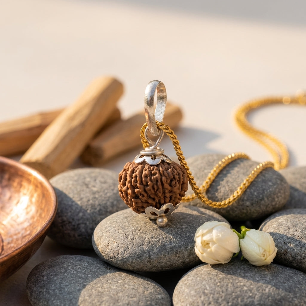 Natural 12 Mukhi Rudraksha with Silver Pendant & Golden Chain