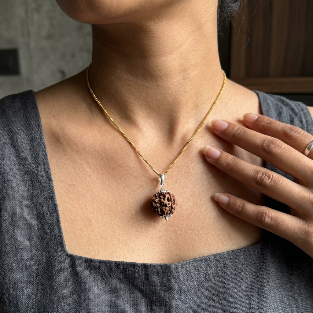 Authentic 4 Mukhi Rudraksha Pendant in Silver with Golden Chain