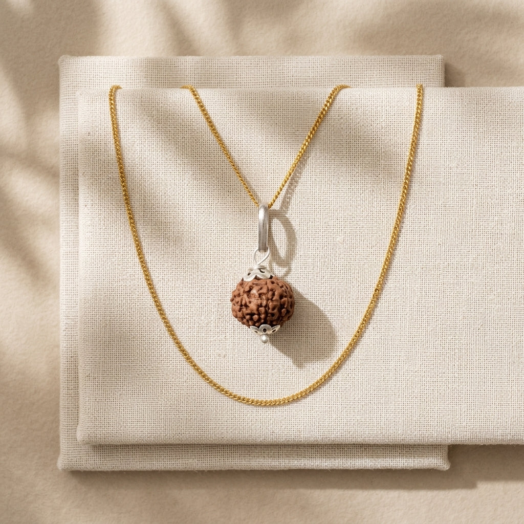 Natural 7 Mukhi Rudraksha Pendant with Silver Cap & Golden Chain