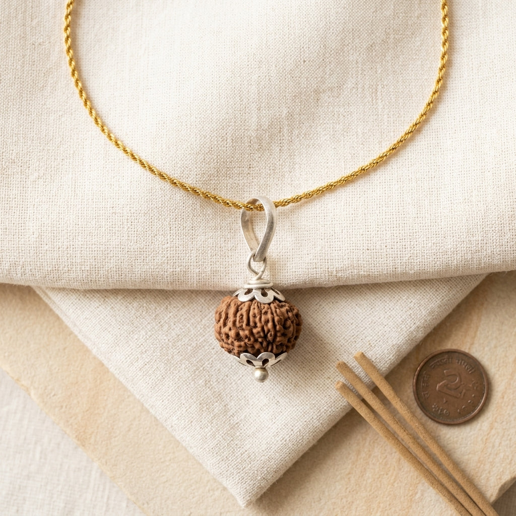 Natural 12 Mukhi Rudraksha with Silver Pendant & Golden Chain