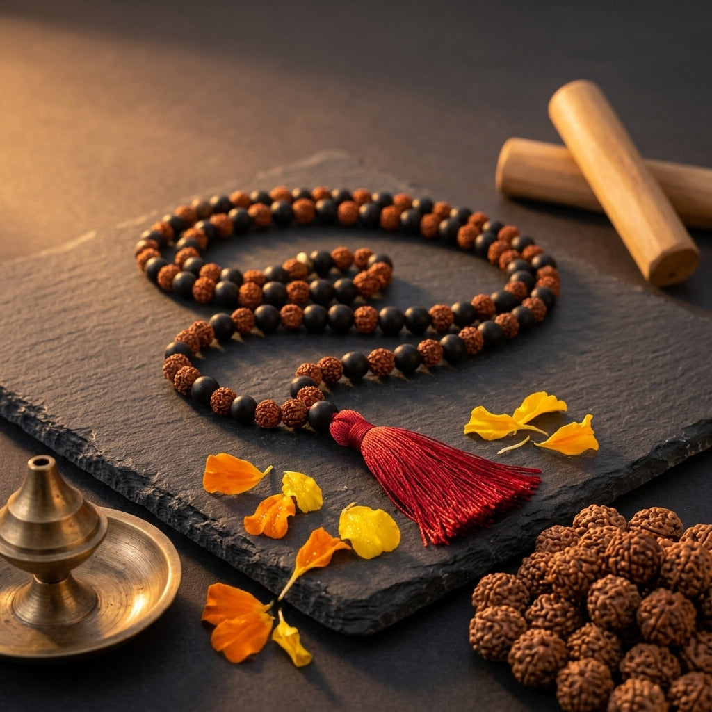 Natural Karungali and Panch Mukhi Rudraksha Mala 6MM 108 Beads
